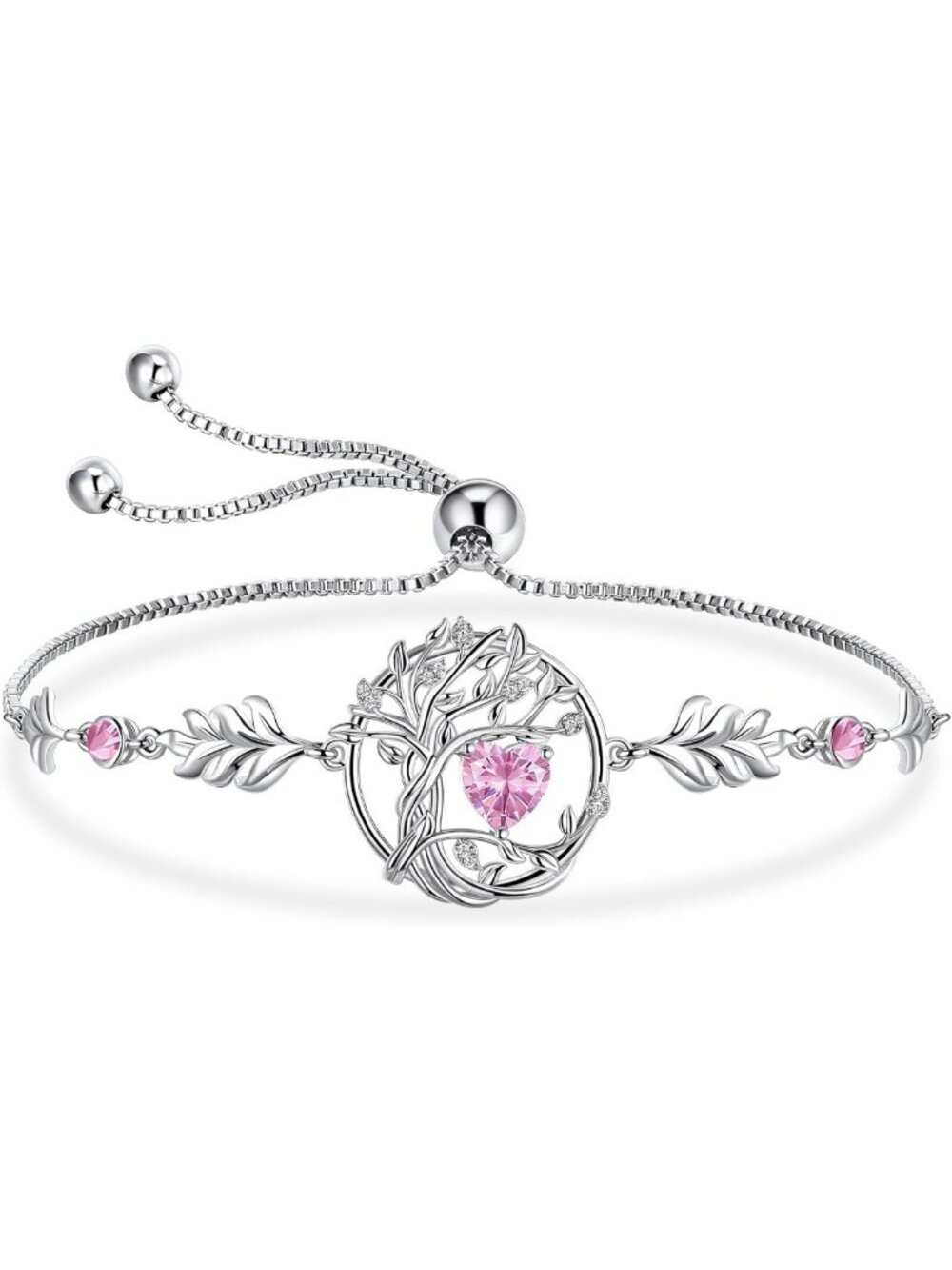 Sterling Silver Tree of Life Birthstone Heart Charm Bracelet - Perfect Gift for